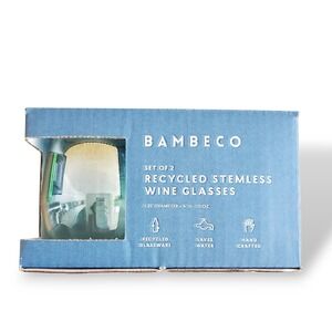Bambeco Wine Glasses Stemless Hand Blown Set Of 2‎ Recycled Glass Blue 10 Ounces